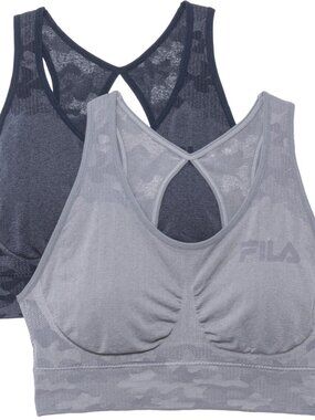 FILA Logo 2 Pk Seamless Sports Bra M Medium Impact Camo Keyhole Back Performance
